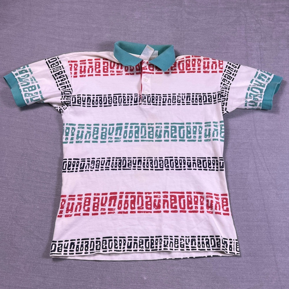 Vintage Head Sports Wear Mens Polo Shirt White Teal Red Aztec Abstract Print M